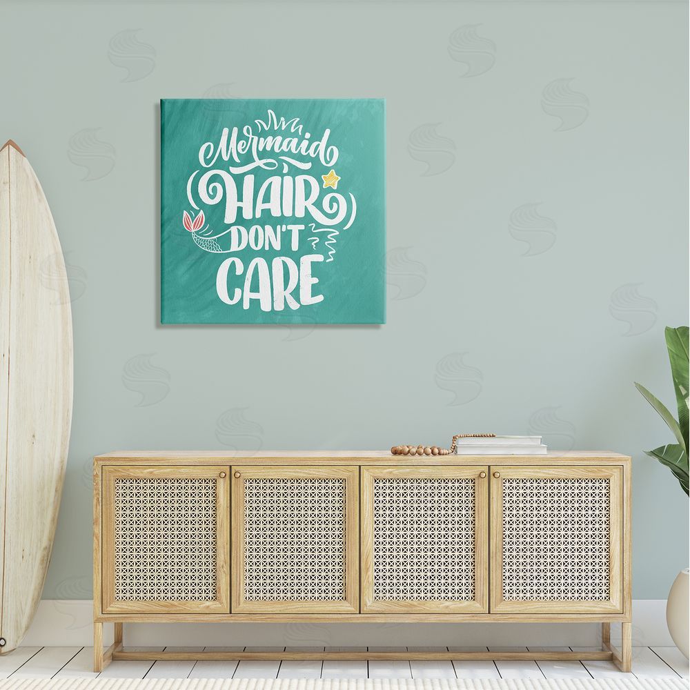 Kim Allen Mermaid Hair Don't Care Quote Cute Teal Design  Canvas Wall Art in Room