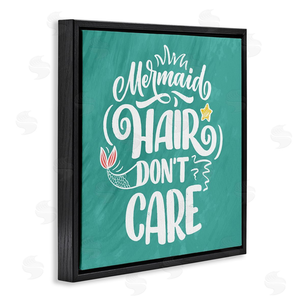 Kim Allen Mermaid Hair Don't Care Quote Cute Teal Design  Black Floating Frame Canvas Wall Art Print