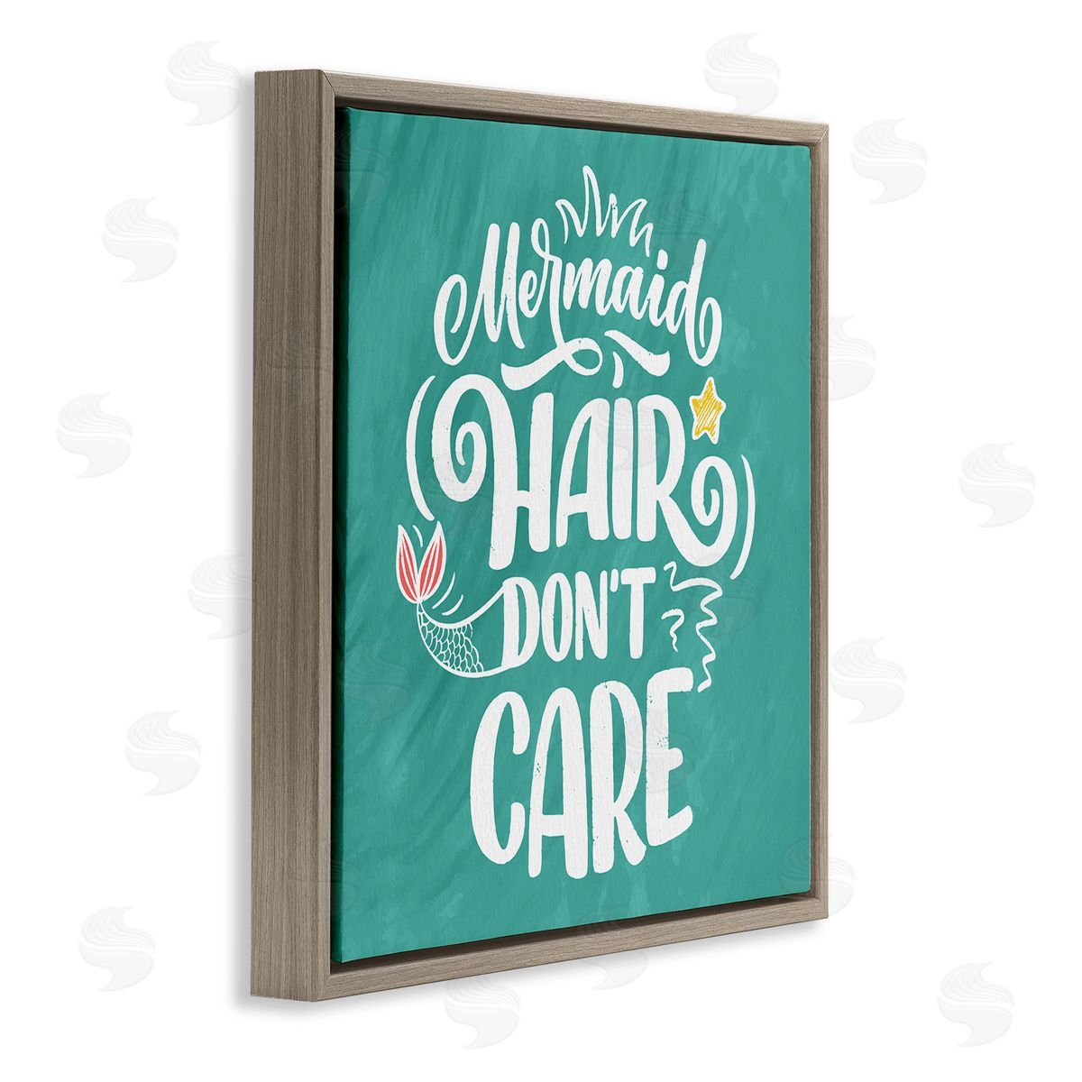 Kim Allen Mermaid Hair Don't Care Quote Cute Teal Design  Brown Floating Frame Canvas Wall Art Print