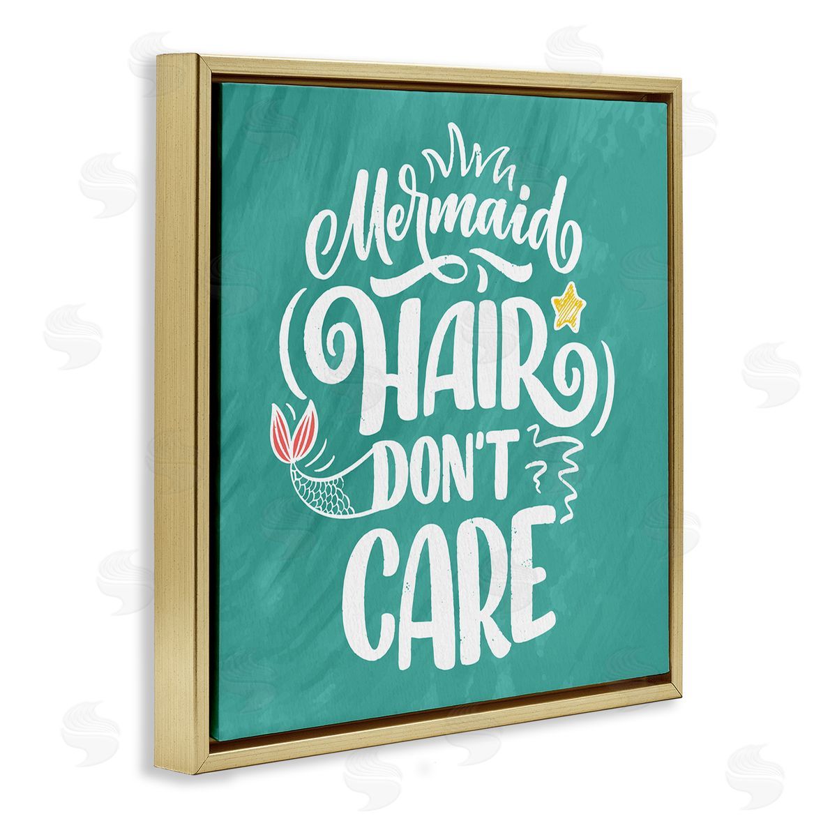 Kim Allen Mermaid Hair Don't Care Quote Cute Teal Design  Gold Floating Frame Canvas Wall Art Print