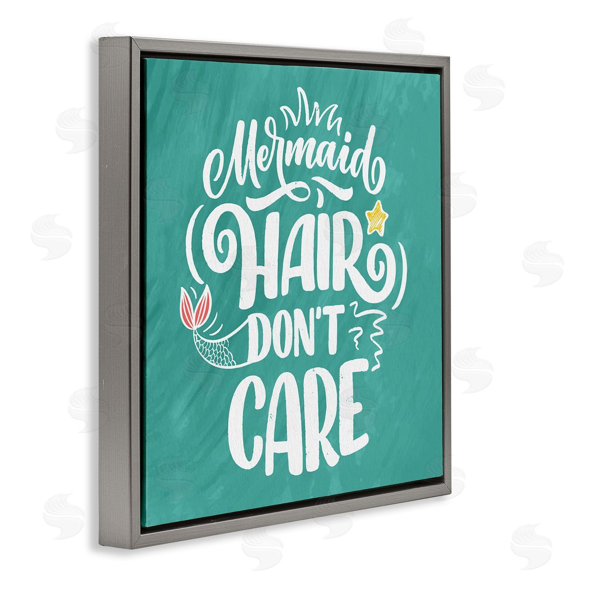 Kim Allen Mermaid Hair Don't Care Quote Cute Teal Design  Gray Floating Frame Canvas Wall Art Print
