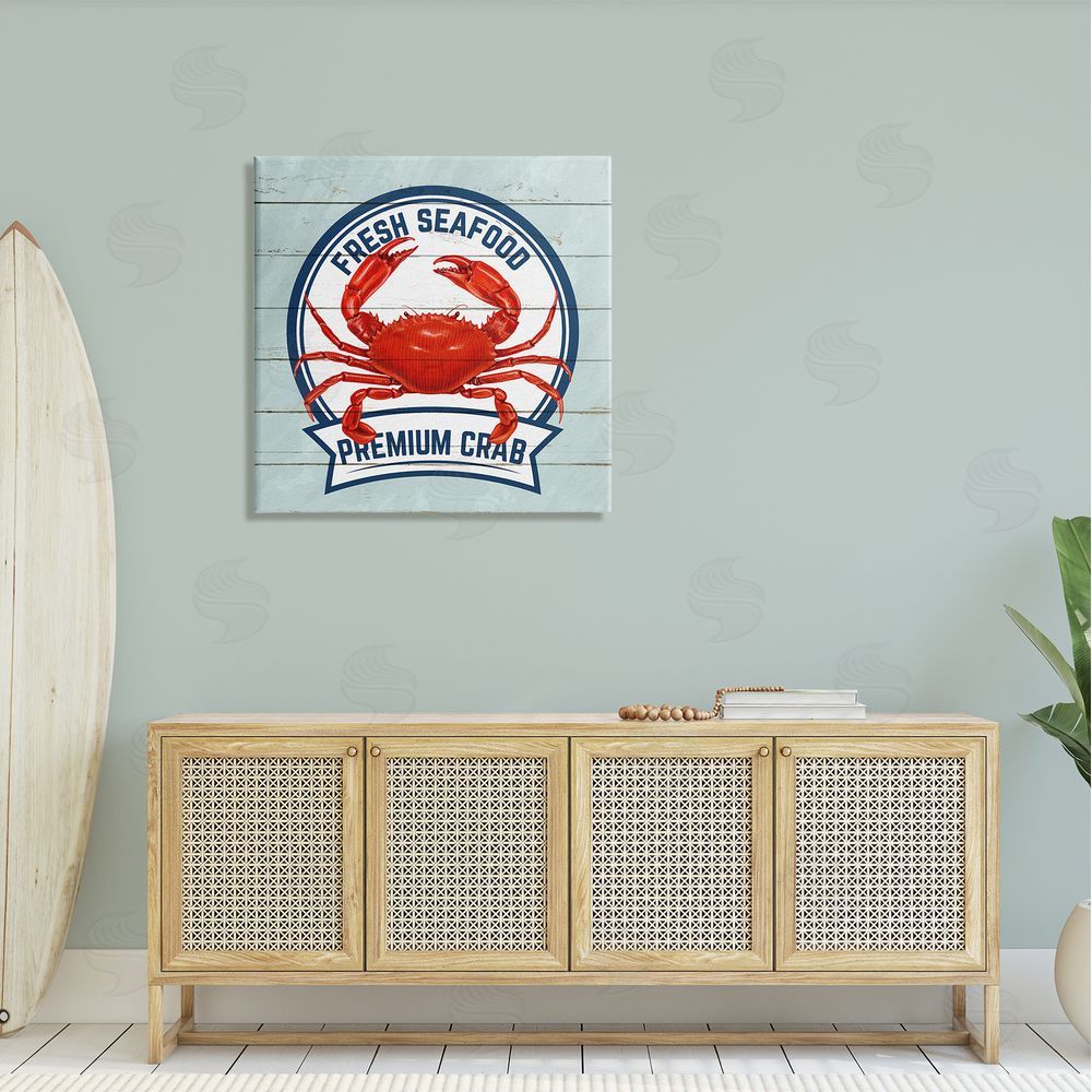 Kim Allen Fresh Seafood Crab Sign Quote Rustic Nautical Boathouse Canvas Wall Art in Room