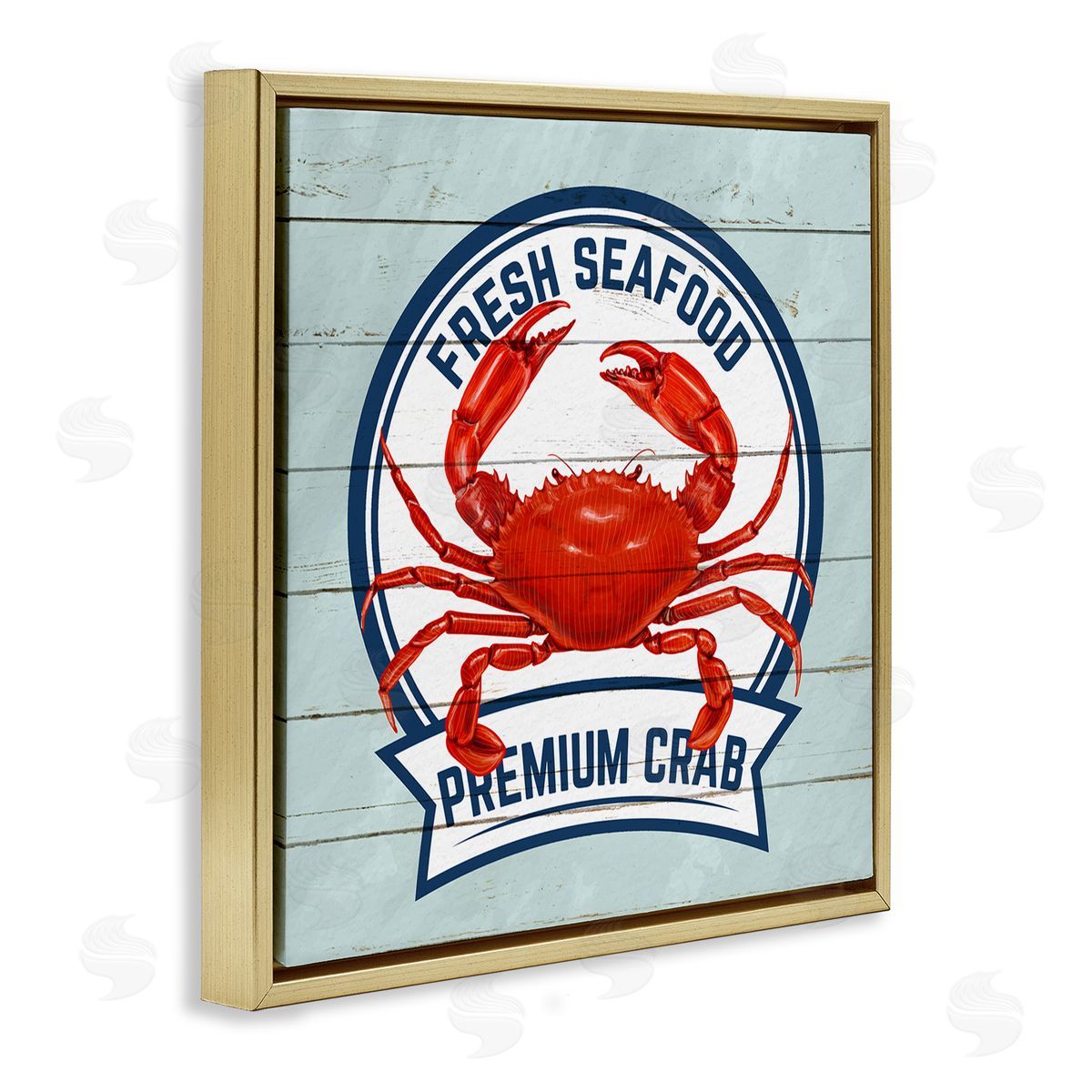 Kim Allen Fresh Seafood Crab Sign Quote Rustic Nautical Boathouse Gold Floating Frame Canvas Wall Art Print