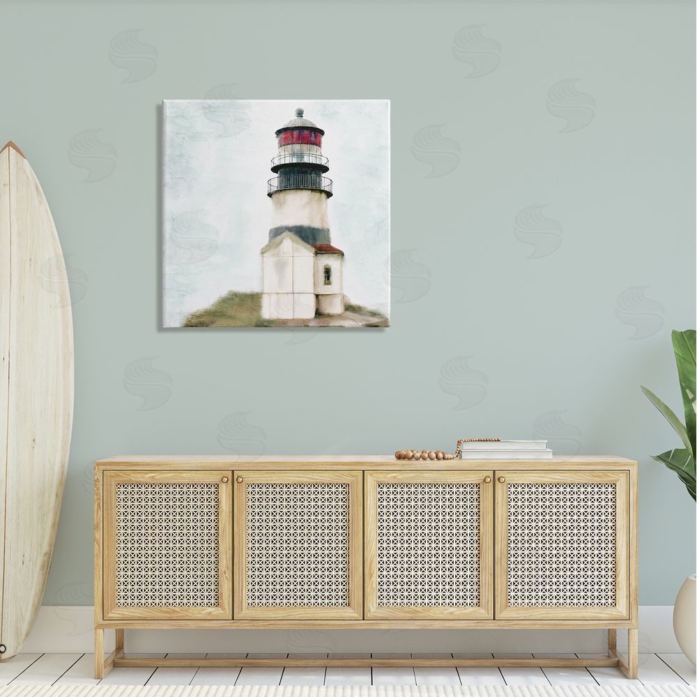 Kim Allen Calm Lighthouse Clear Sky Ocean Beach Painting Canvas Wall Art in Room