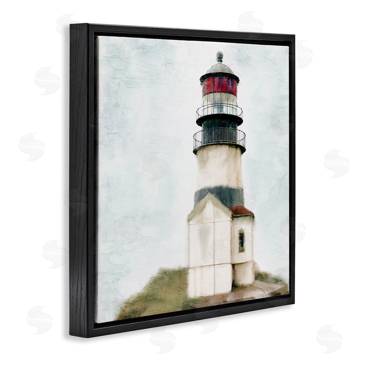 Kim Allen Calm Lighthouse Clear Sky Ocean Beach Painting Black Floating Frame Canvas Wall Art Print
