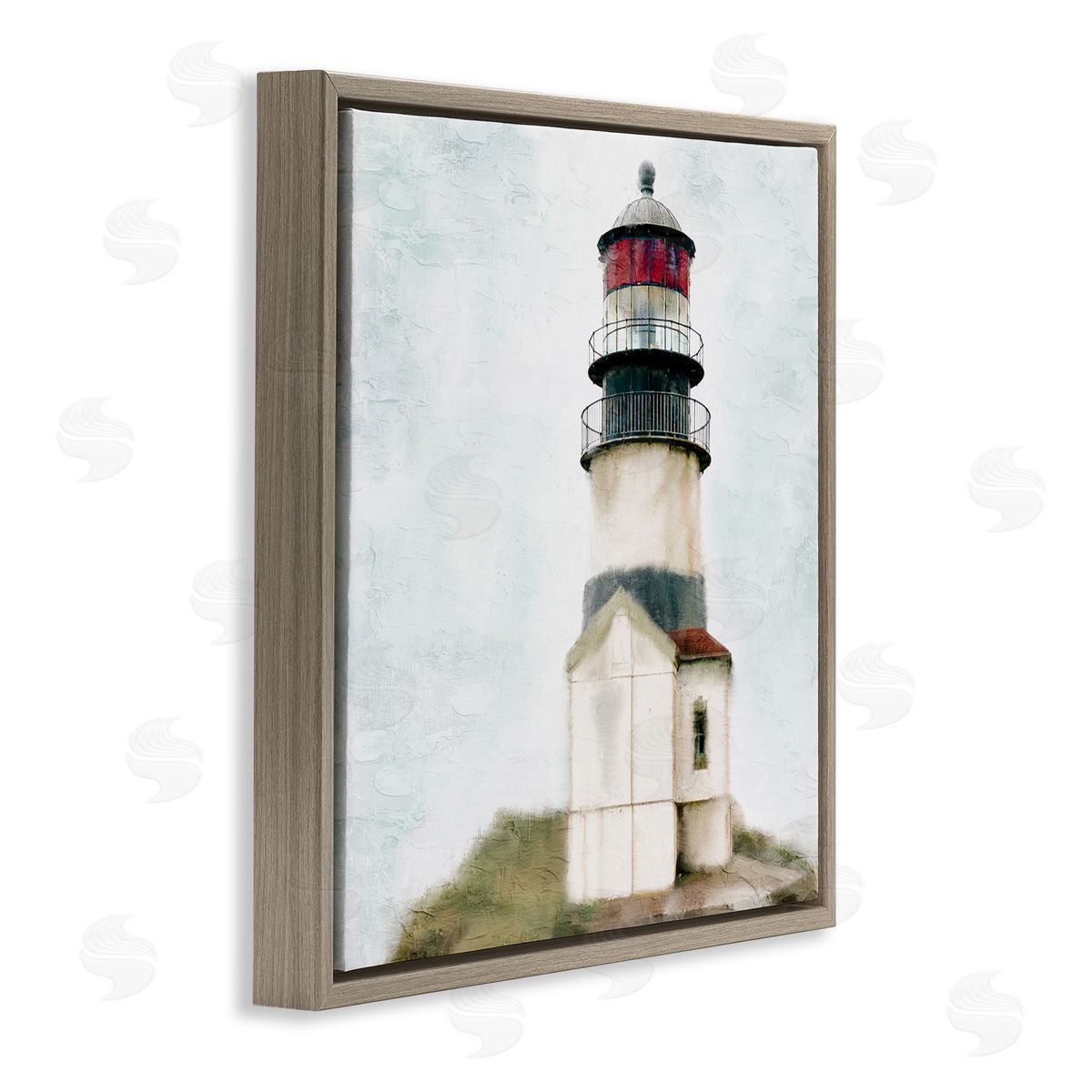 Kim Allen Calm Lighthouse Clear Sky Ocean Beach Painting Brown Floating Frame Canvas Wall Art Print