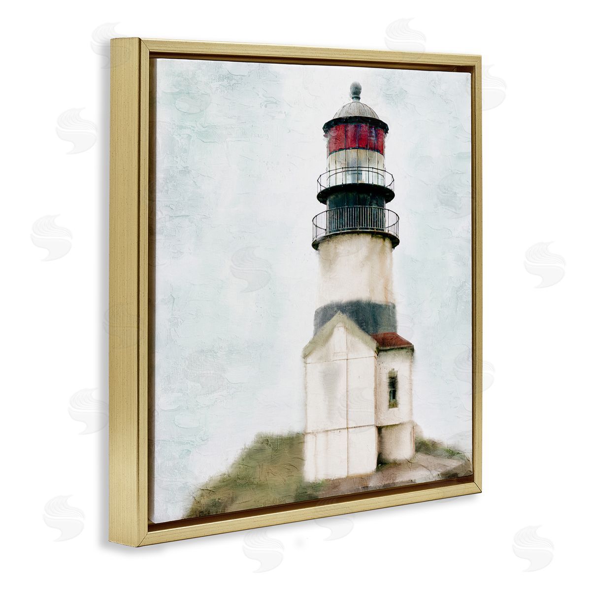 Kim Allen Calm Lighthouse Clear Sky Ocean Beach Painting Gold Floating Frame Canvas Wall Art Print
