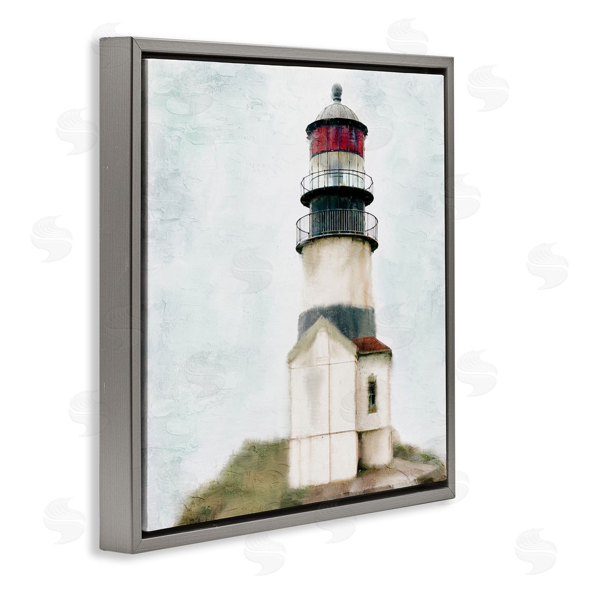 Kim Allen Calm Lighthouse Clear Sky Ocean Beach Painting Gray Floating Frame Canvas Wall Art Print