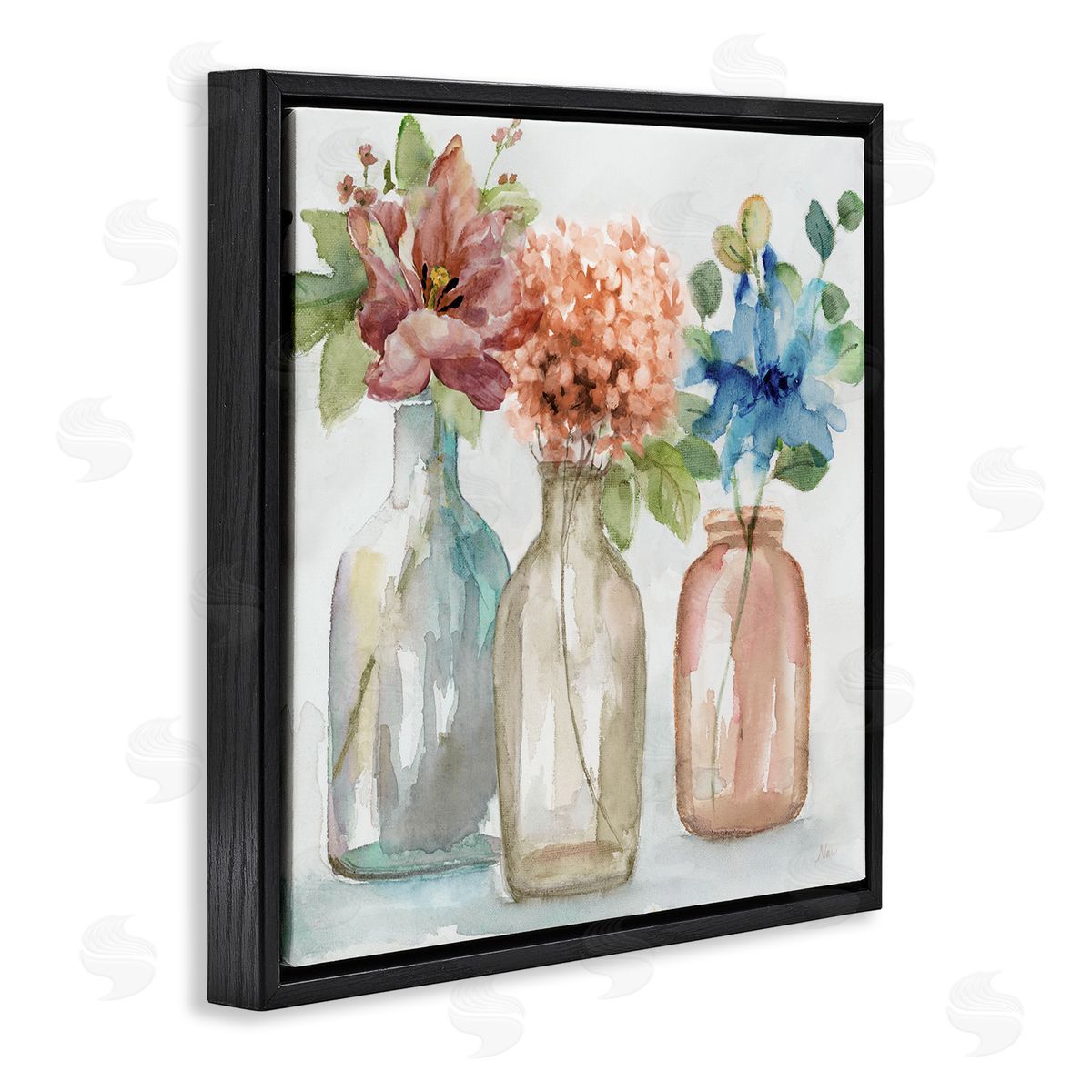 Nan Floral Vase Botanical Arrangement Watercolor Design Black Floating Frame Canvas Wall Art Print