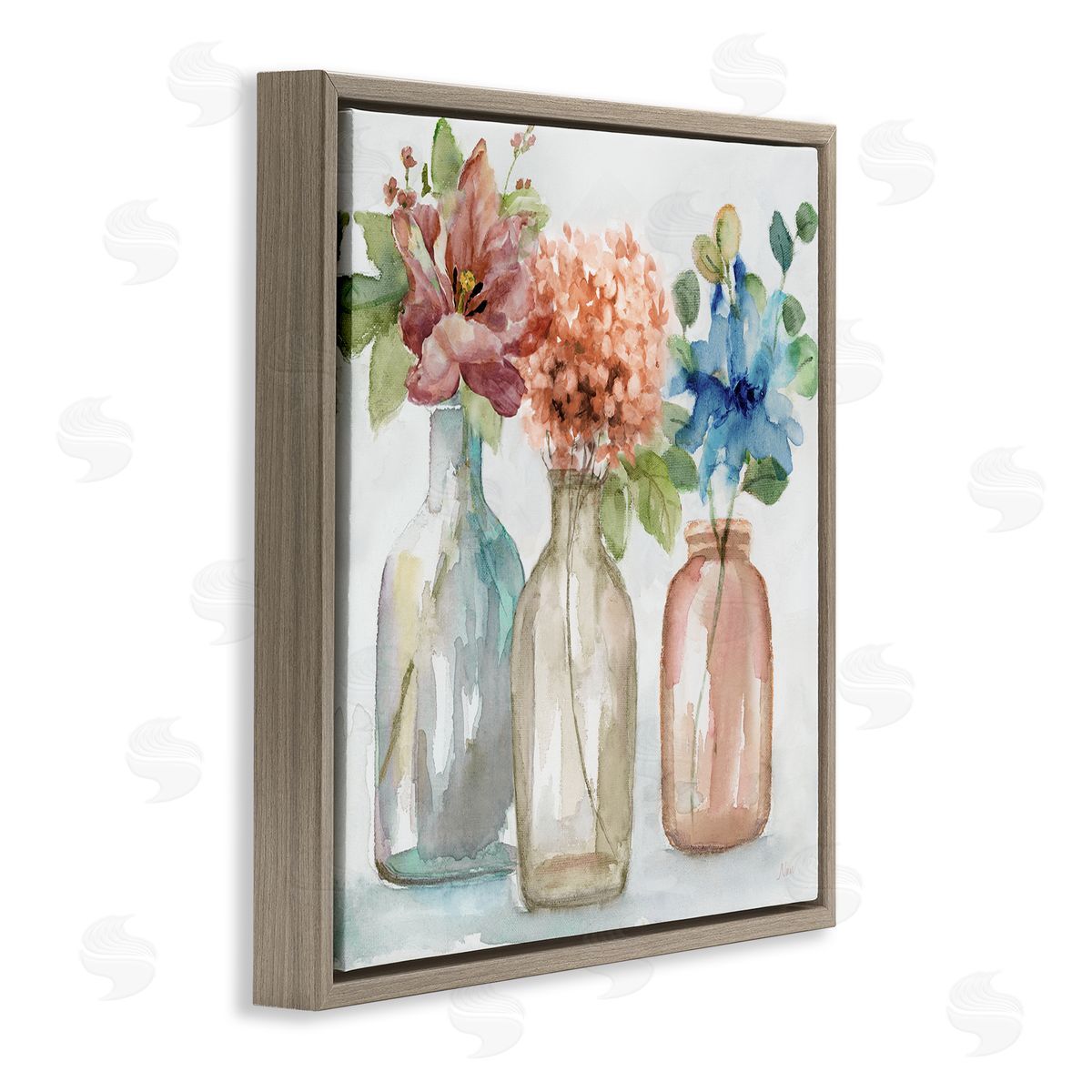 Nan Floral Vase Botanical Arrangement Watercolor Design Brown Floating Frame Canvas Wall Art Print