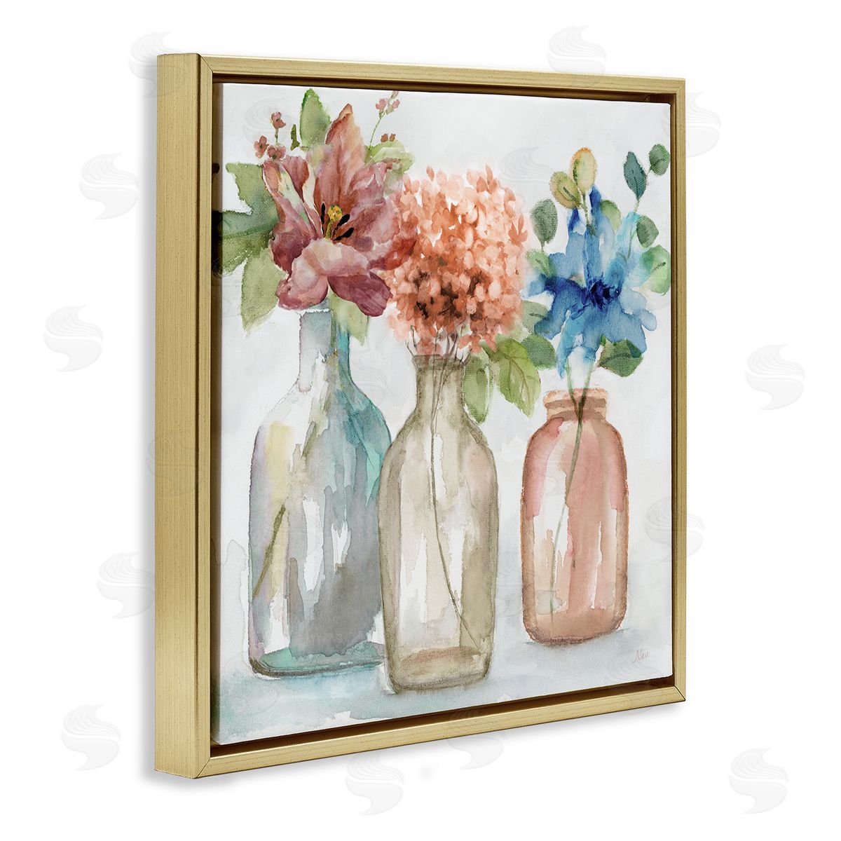 Nan Floral Vase Botanical Arrangement Watercolor Design Gold Floating Frame Canvas Wall Art Print