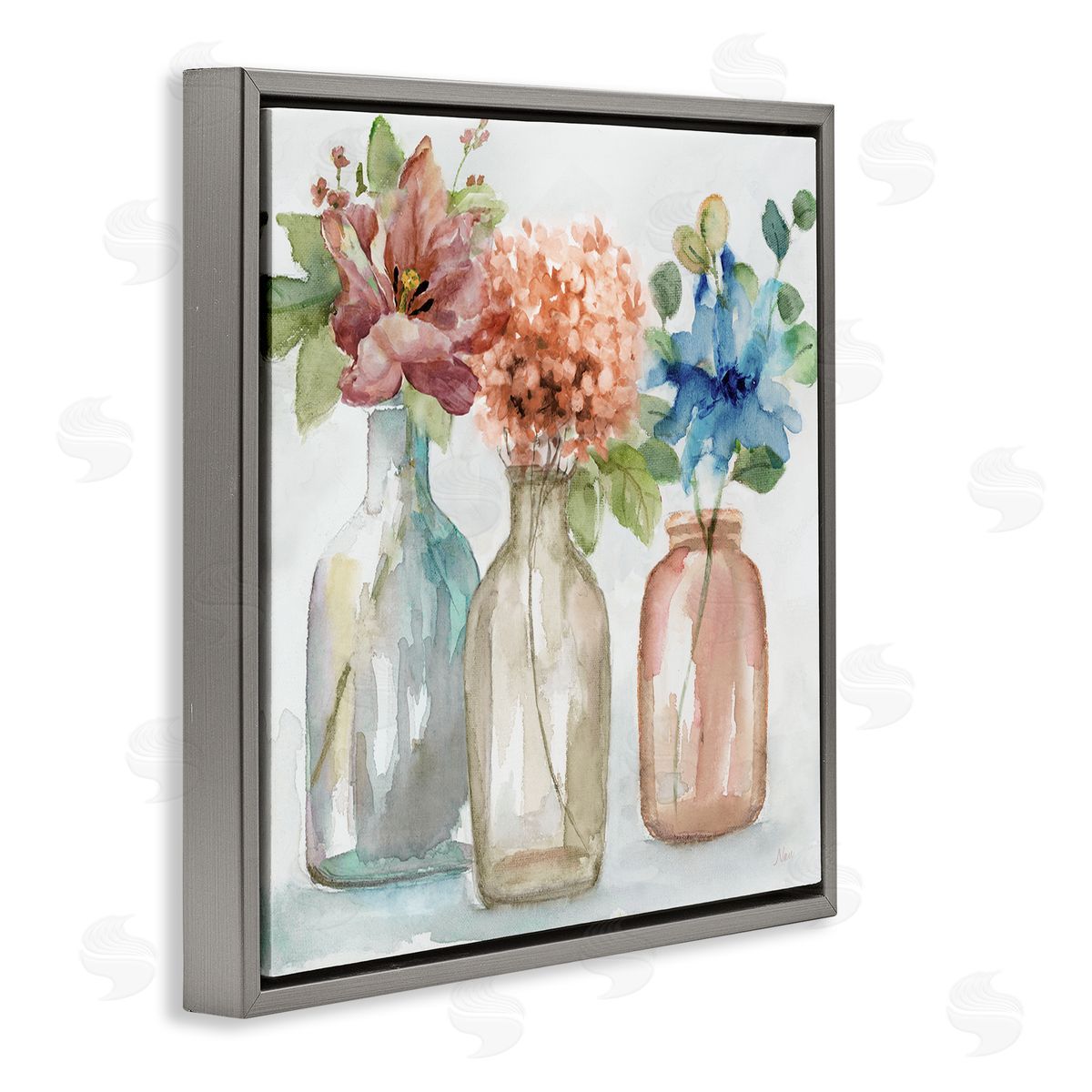Nan Floral Vase Botanical Arrangement Watercolor Design Gray Floating Frame Canvas Wall Art Print