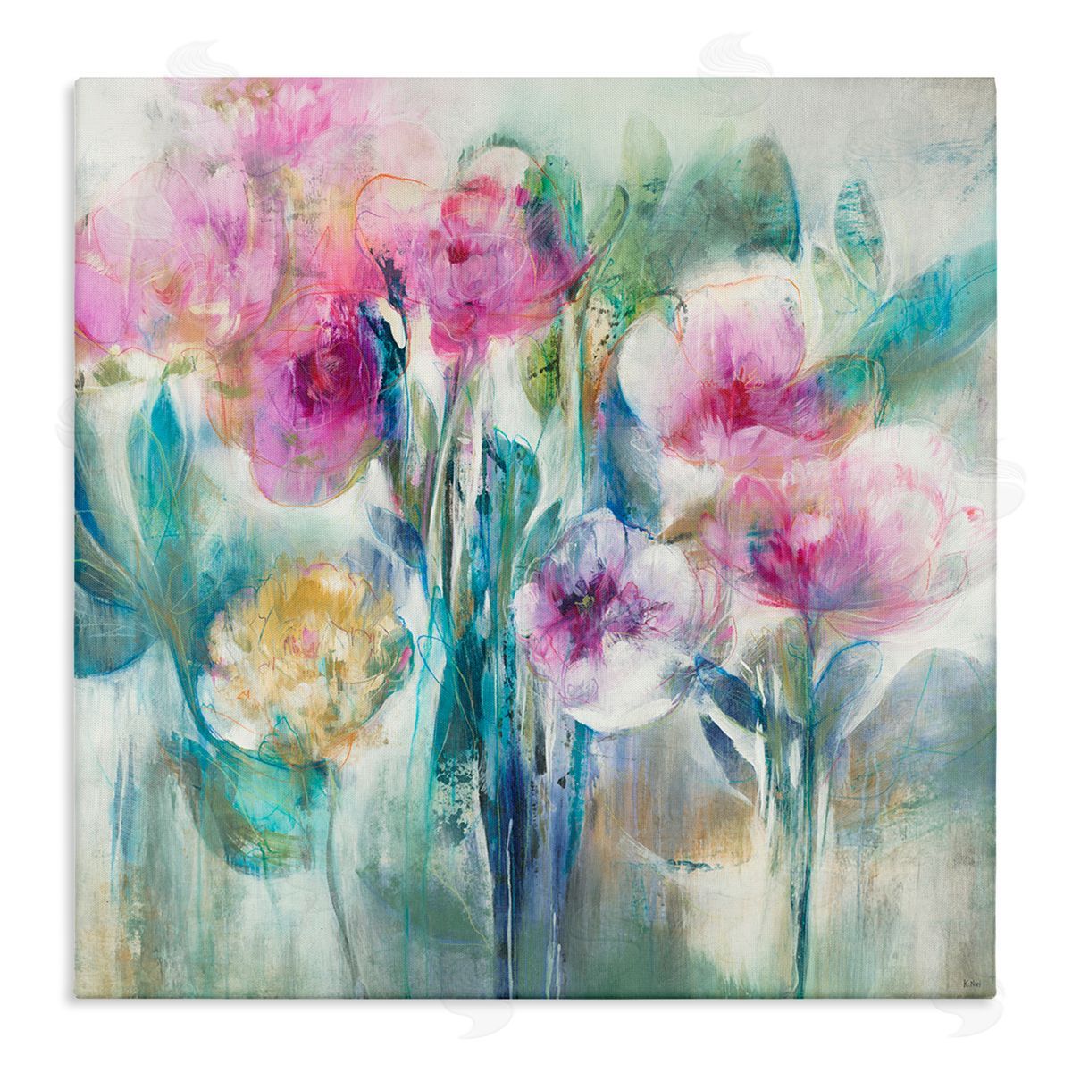 K. Nari Delicate Rainy Flowers Pink Peonies Painterly Illustration  Stretched Canvas Wall Art Print