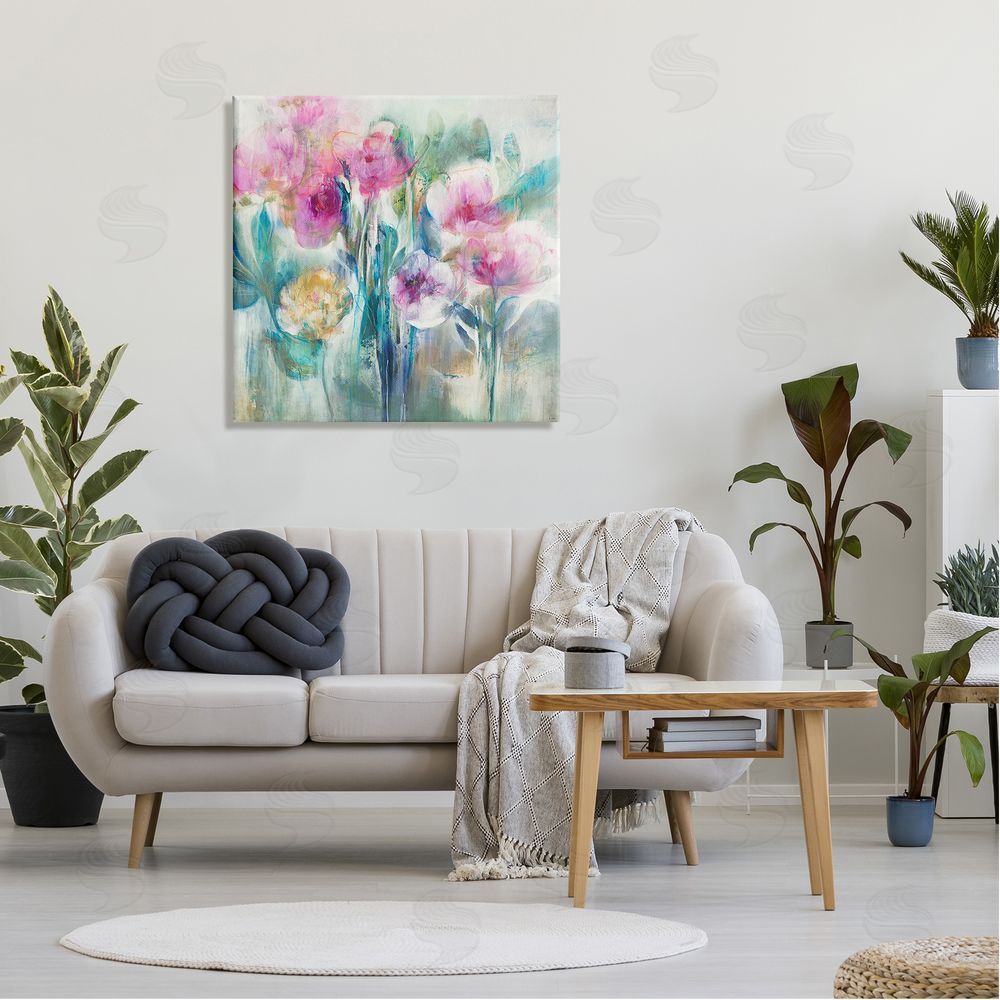K. Nari Delicate Rainy Flowers Pink Peonies Painterly Illustration  Canvas Wall Art in Room