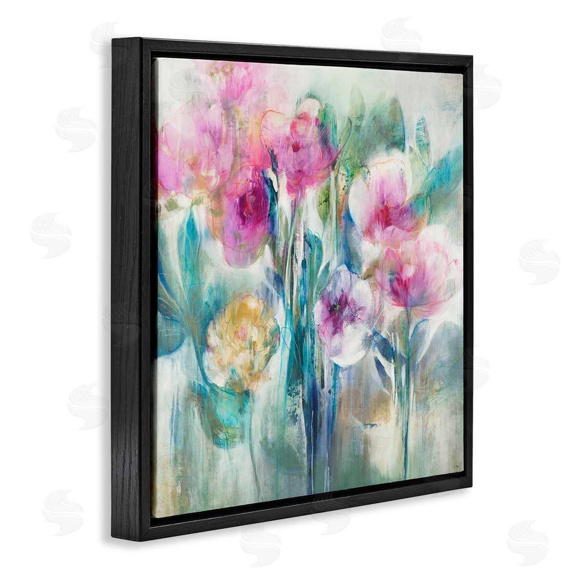 K. Nari Delicate Rainy Flowers Pink Peonies Painterly Illustration  Black Floating Frame Canvas Wall Art Print