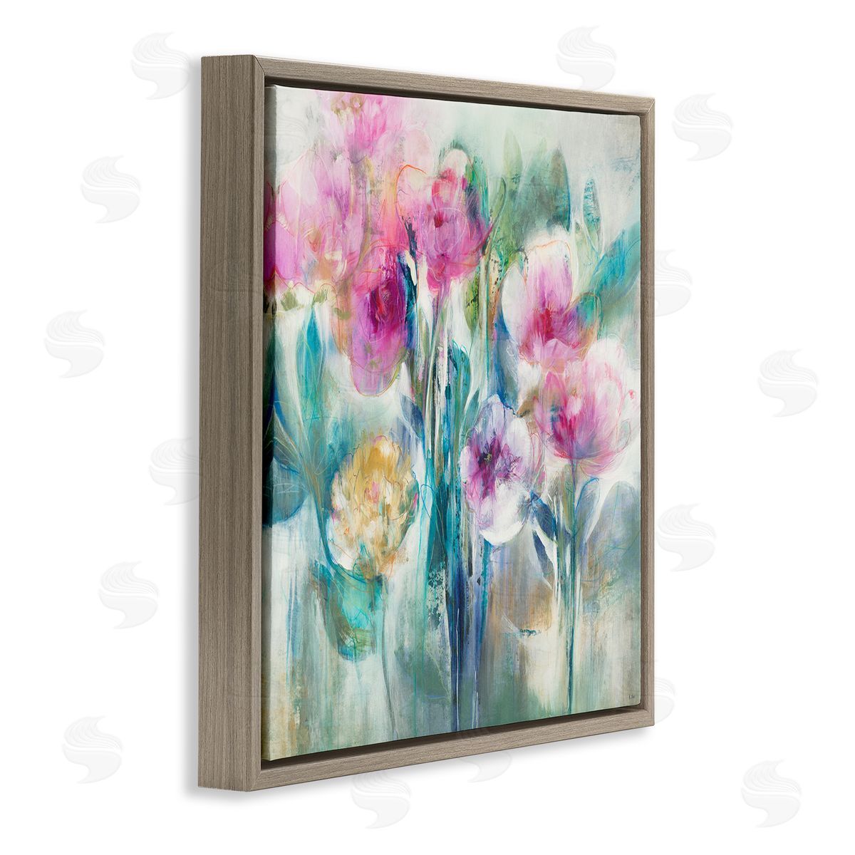 K. Nari Delicate Rainy Flowers Pink Peonies Painterly Illustration  Brown Floating Frame Canvas Wall Art Print
