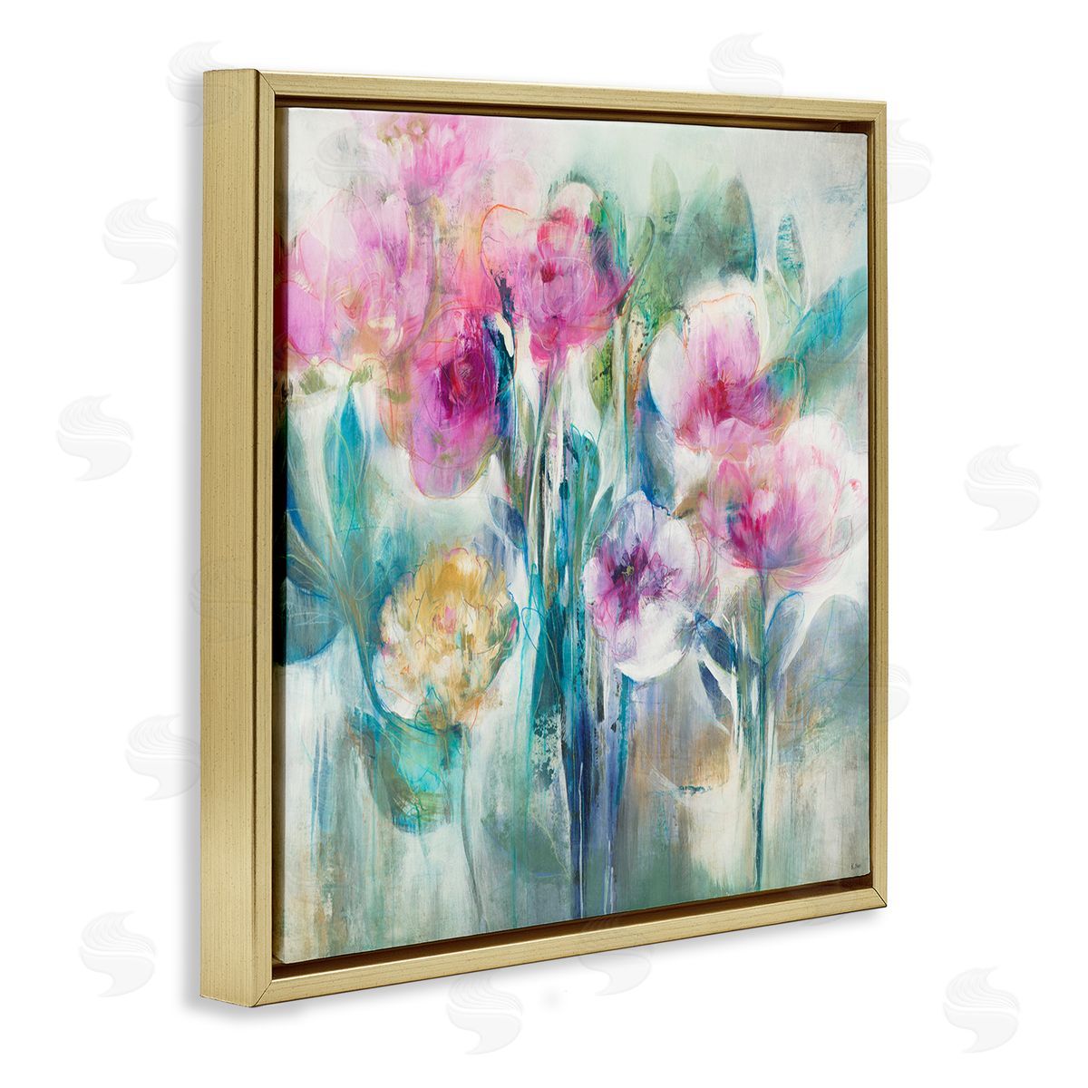 K. Nari Delicate Rainy Flowers Pink Peonies Painterly Illustration  Gold Floating Frame Canvas Wall Art Print