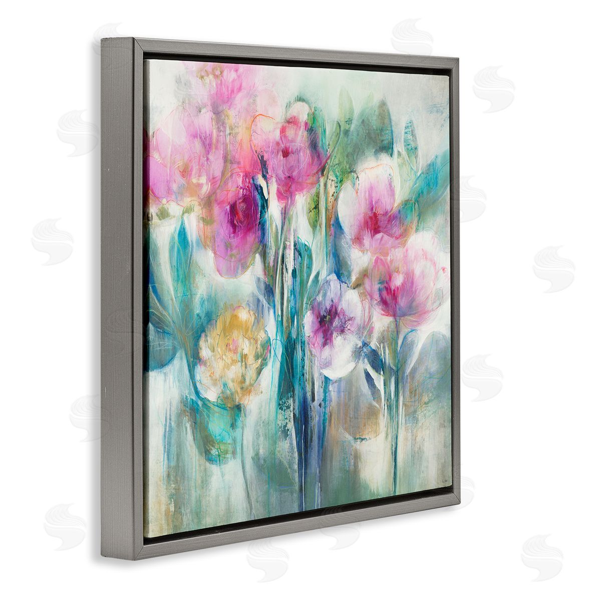 K. Nari Delicate Rainy Flowers Pink Peonies Painterly Illustration  Gray Floating Frame Canvas Wall Art Print