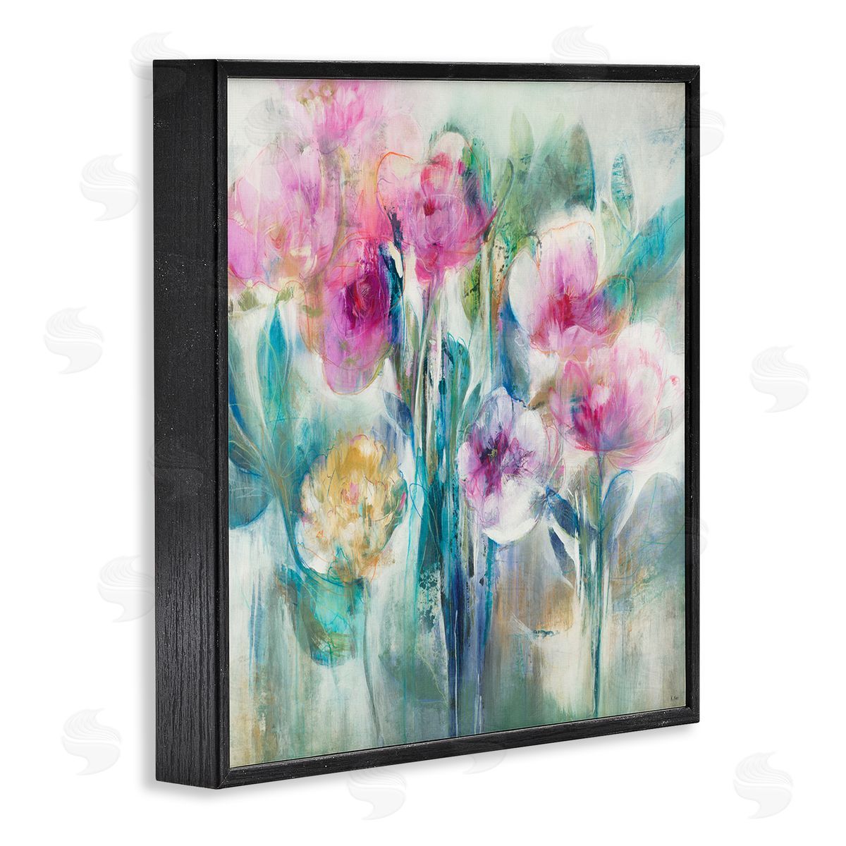 K. Nari Delicate Rainy Flowers Pink Peonies Painterly Illustration  Black Framed Glicee Wall Art Print