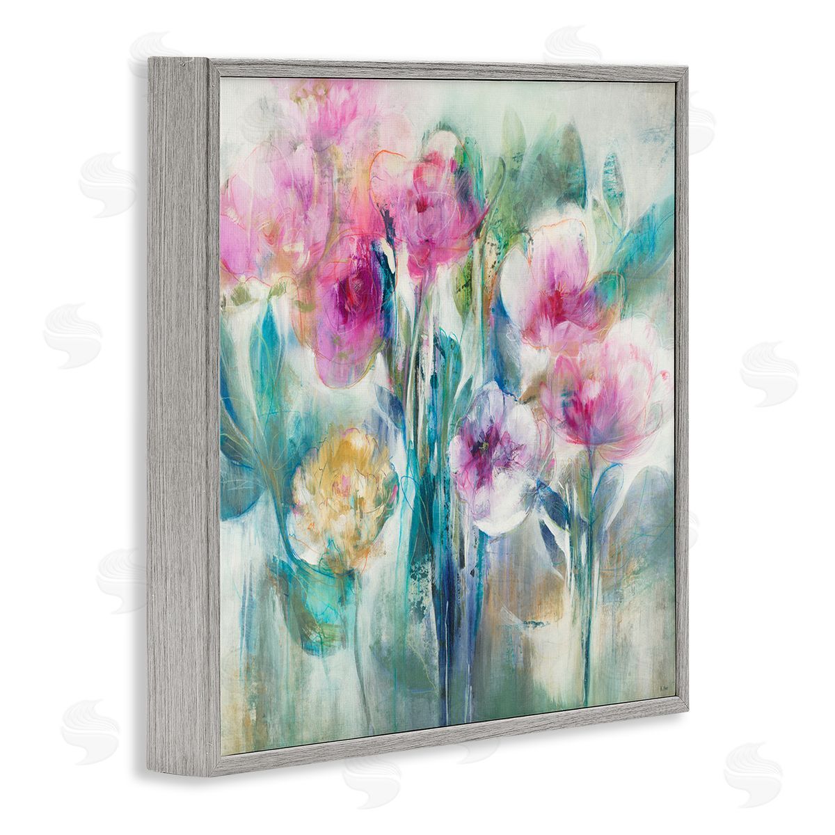 K. Nari Delicate Rainy Flowers Pink Peonies Painterly Illustration  Gray Framed Glicee Wall Art Print