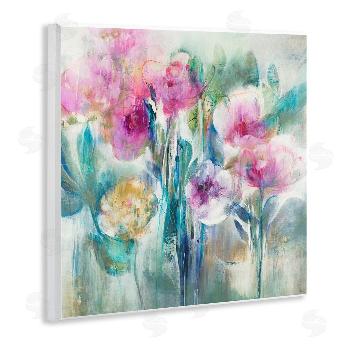 K. Nari Delicate Rainy Flowers Pink Peonies Painterly Illustration  Wooden Wall Plaque Art Print