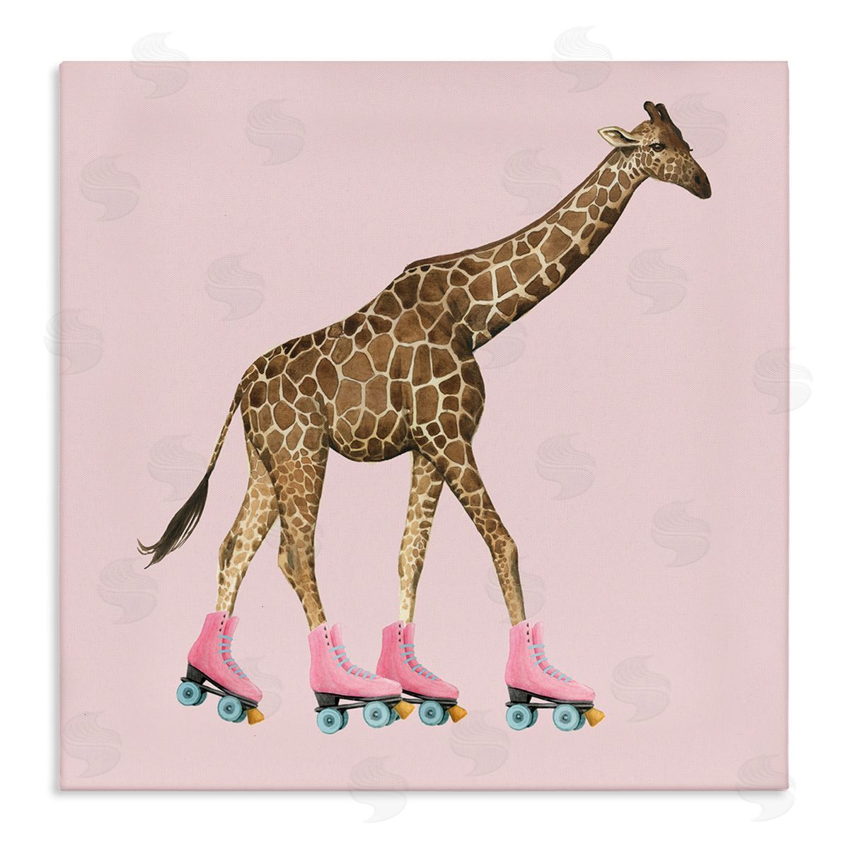 Grace Popp Funny Giraffe Wearing Roller skates Cute Pink Design Stretched Canvas Wall Art Print