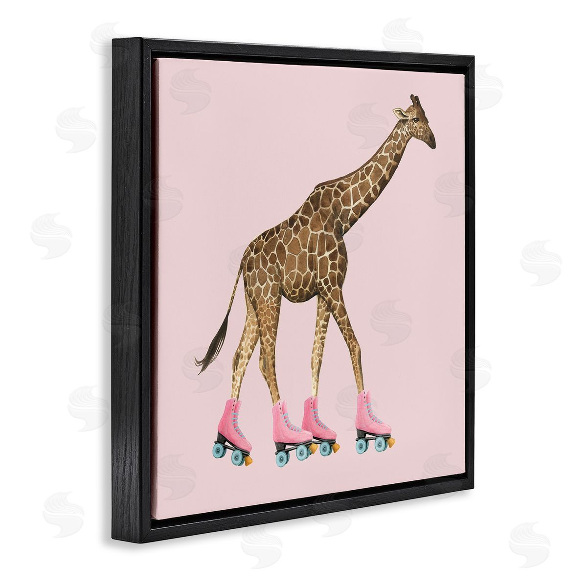 Grace Popp Funny Giraffe Wearing Roller skates Cute Pink Design Black Floating Frame Canvas Wall Art Print