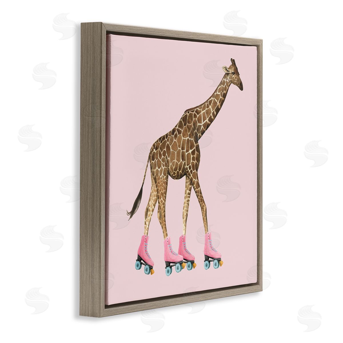 Grace Popp Funny Giraffe Wearing Roller skates Cute Pink Design Brown Floating Frame Canvas Wall Art Print