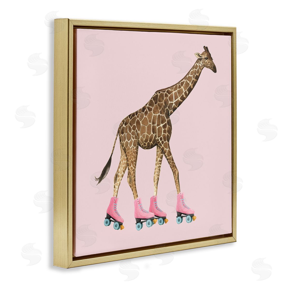 Grace Popp Funny Giraffe Wearing Roller skates Cute Pink Design Gold Floating Frame Canvas Wall Art Print