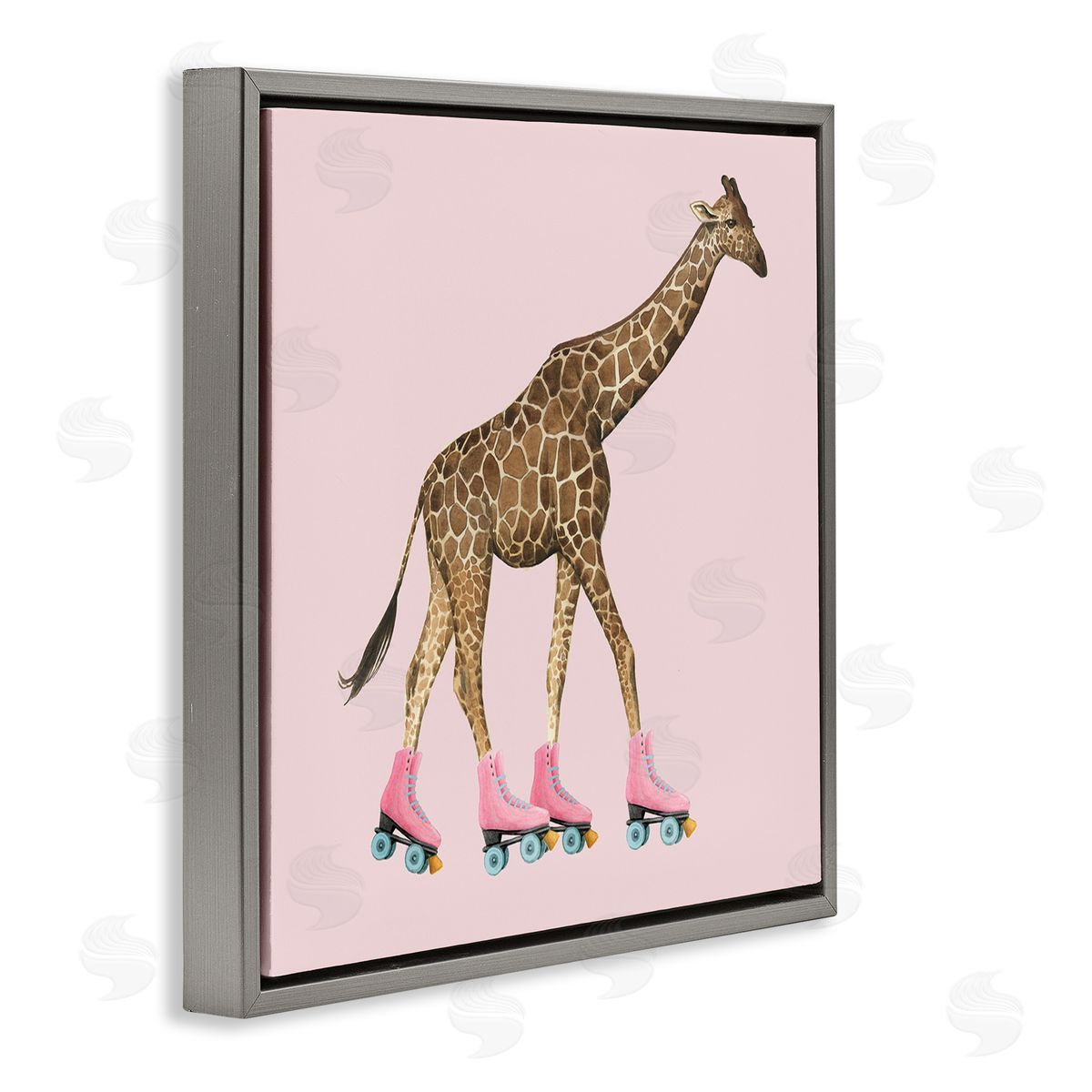 Grace Popp Funny Giraffe Wearing Roller skates Cute Pink Design Gray Floating Frame Canvas Wall Art Print