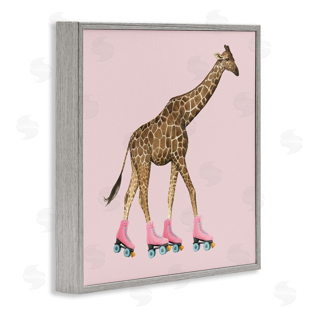 Grace Popp Funny Giraffe Wearing Roller skates Cute Pink Design Gray Framed Glicee Wall Art Print