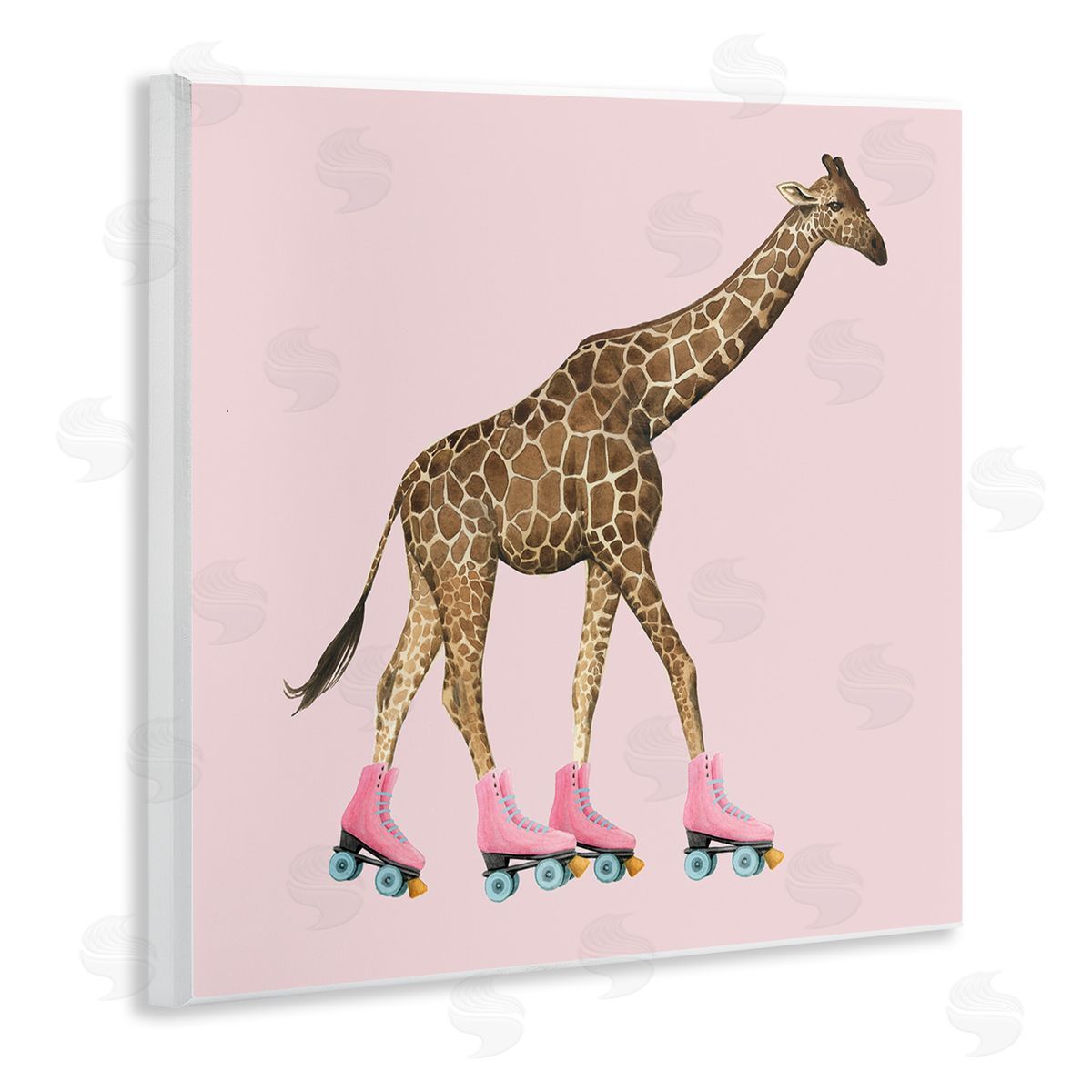 Grace Popp Funny Giraffe Wearing Roller skates Cute Pink Design Wooden Wall Plaque Art Print