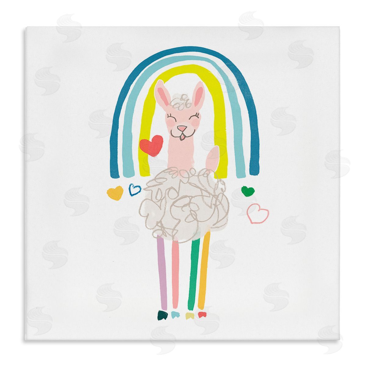 June Erica Vess Cute Smiling Sheep Rainbow Hearts Design Stretched Canvas Wall Art Print