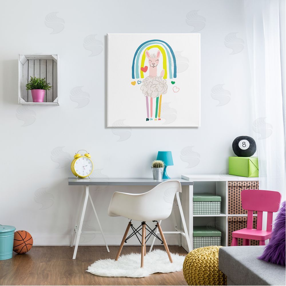 June Erica Vess Cute Smiling Sheep Rainbow Hearts Design Canvas Wall Art in Room
