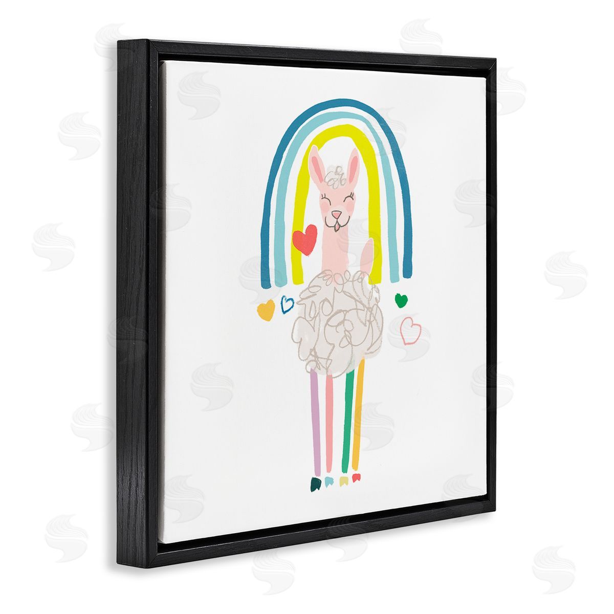 June Erica Vess Cute Smiling Sheep Rainbow Hearts Design Black Floating Frame Canvas Wall Art Print
