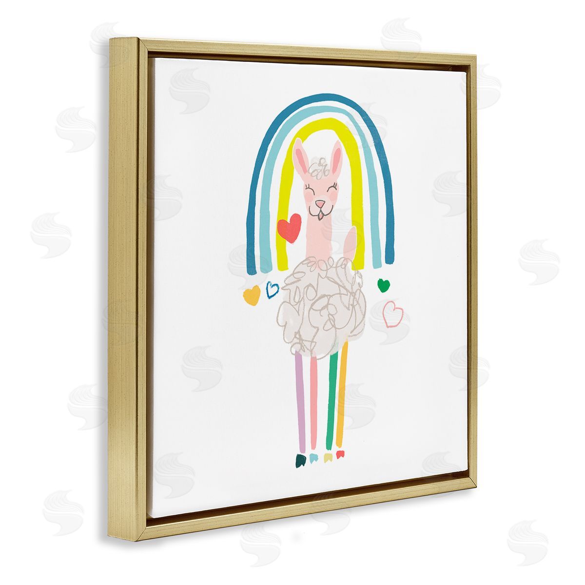 June Erica Vess Cute Smiling Sheep Rainbow Hearts Design Gold Floating Frame Canvas Wall Art Print