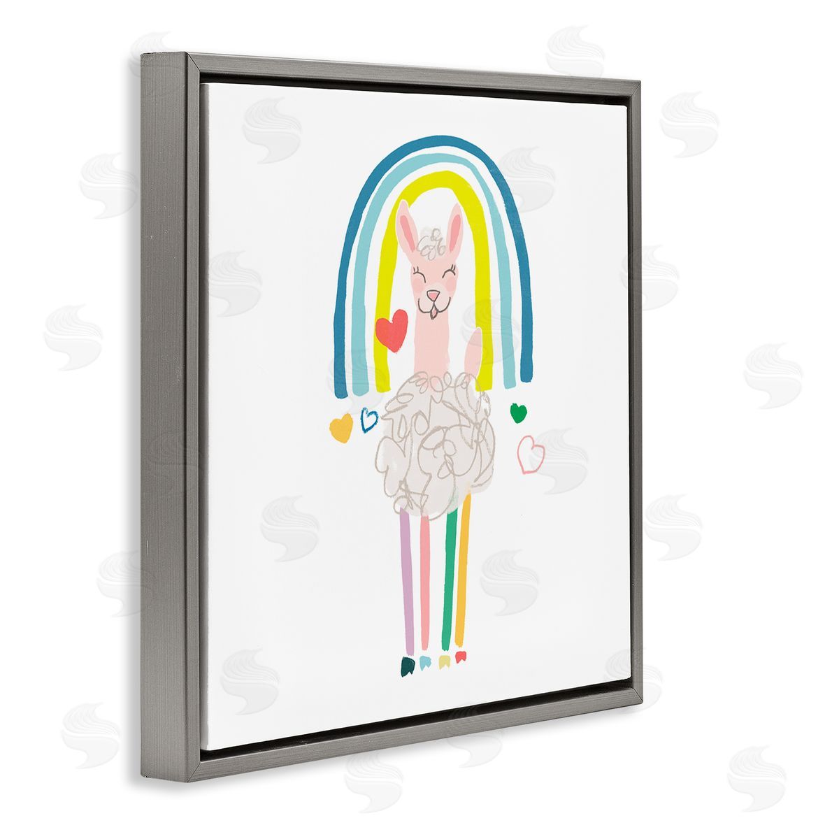 June Erica Vess Cute Smiling Sheep Rainbow Hearts Design Gray Floating Frame Canvas Wall Art Print