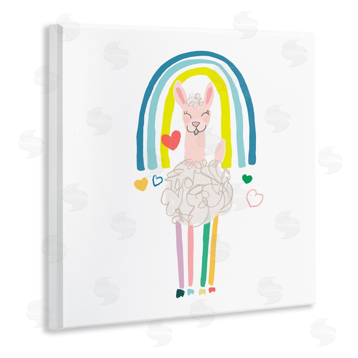 June Erica Vess Cute Smiling Sheep Rainbow Hearts Design Wooden Wall Plaque Art Print