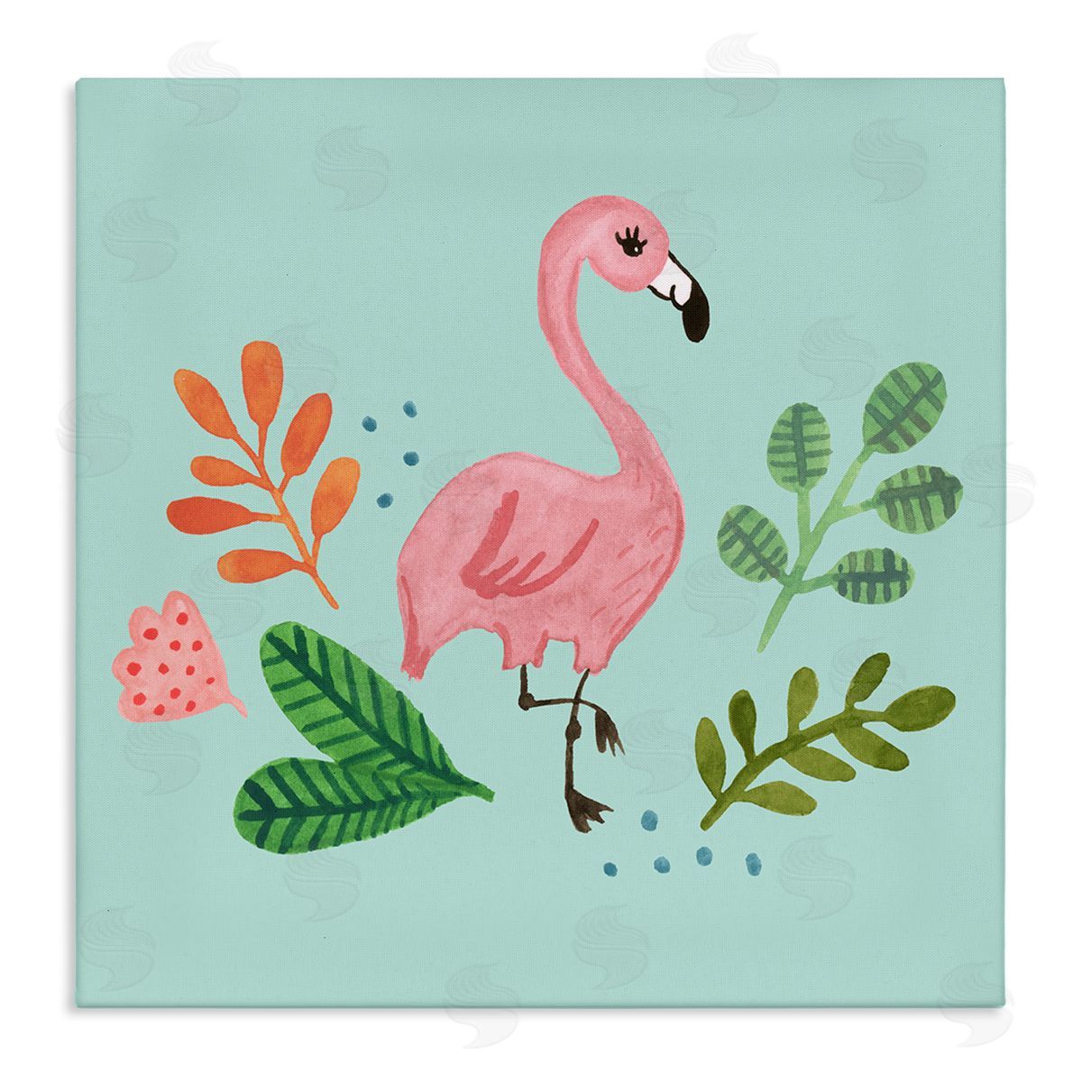 Heather Strianese Pink Flamingo Botanical Border Illustration Design  Stretched Canvas Wall Art Print