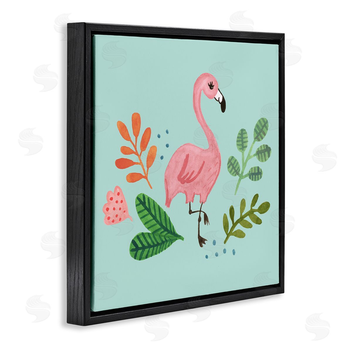 Heather Strianese Pink Flamingo Botanical Border Illustration Design  Black Floating Frame Canvas Wall Art Print