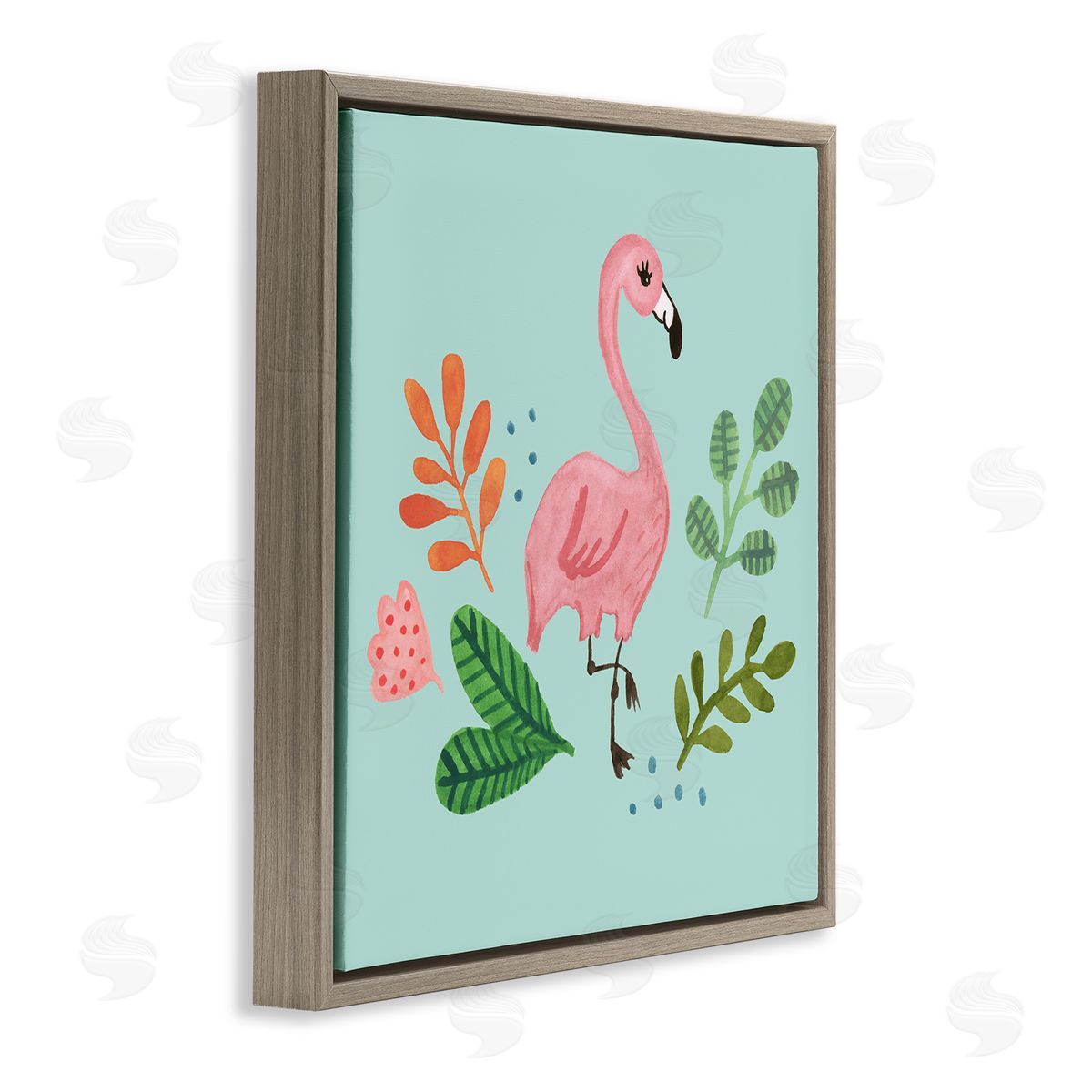 Heather Strianese Pink Flamingo Botanical Border Illustration Design  Brown Floating Frame Canvas Wall Art Print