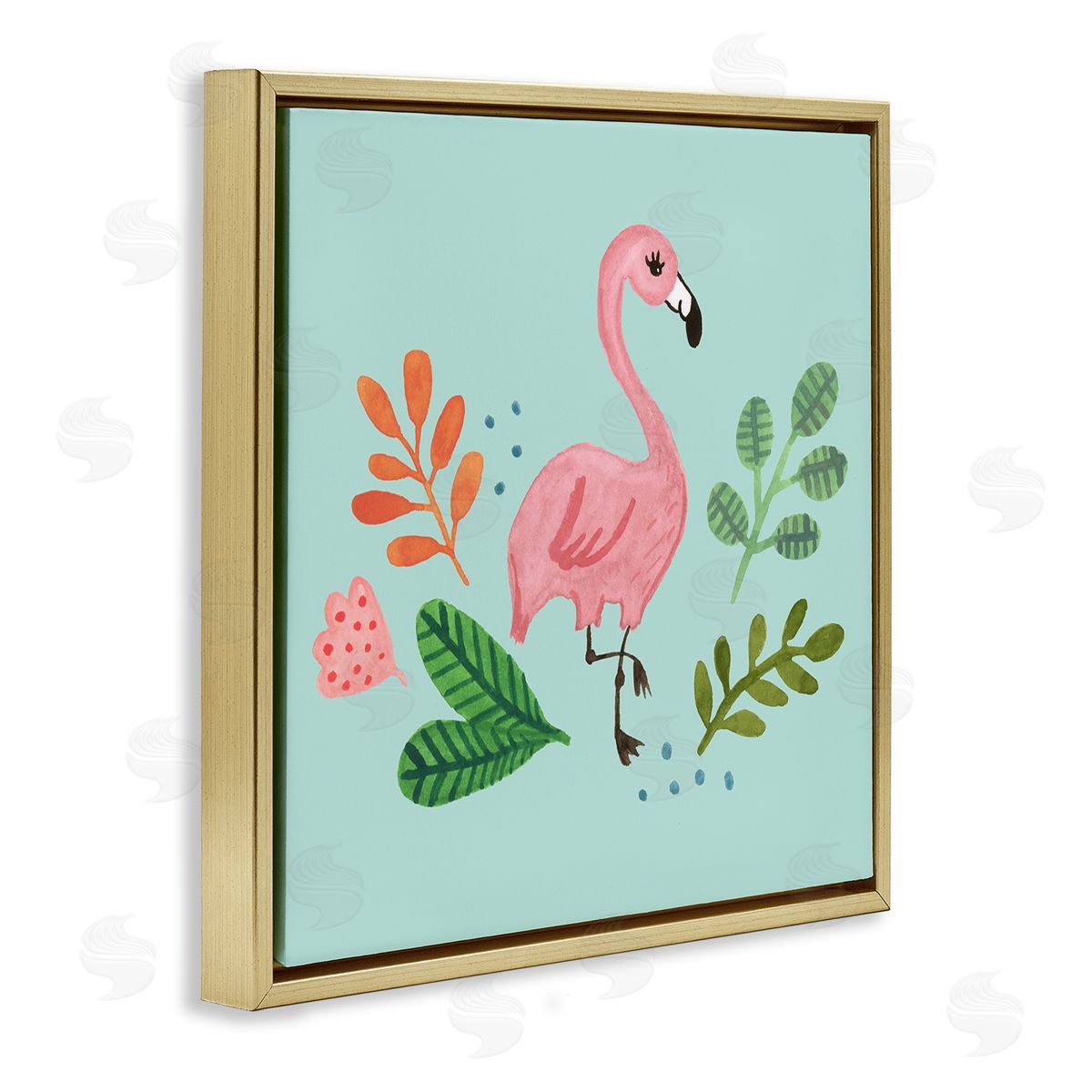 Heather Strianese Pink Flamingo Botanical Border Illustration Design  Gold Floating Frame Canvas Wall Art Print