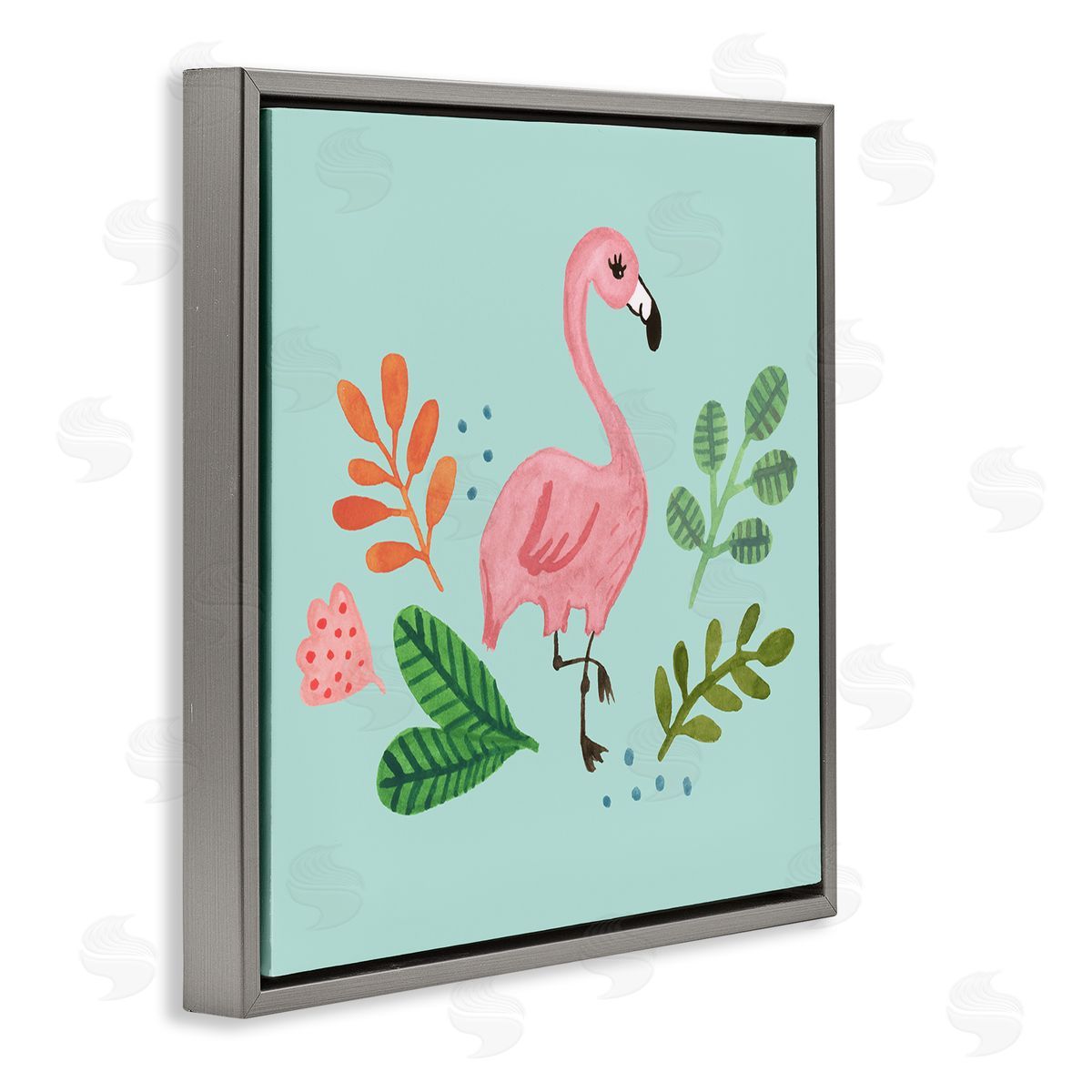 Heather Strianese Pink Flamingo Botanical Border Illustration Design  Gray Floating Frame Canvas Wall Art Print