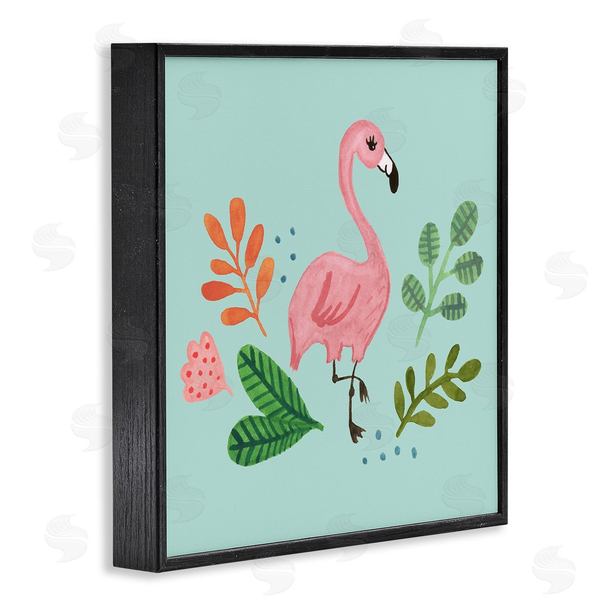 Heather Strianese Pink Flamingo Botanical Border Illustration Design  Black Framed Glicee Wall Art Print