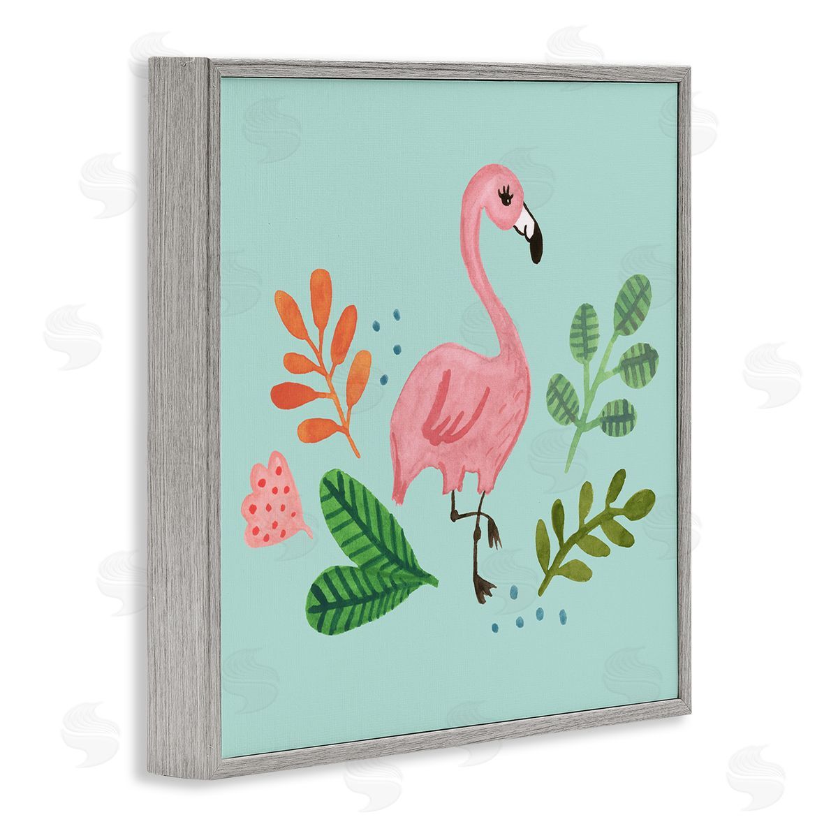 Heather Strianese Pink Flamingo Botanical Border Illustration Design  Gray Framed Glicee Wall Art Print
