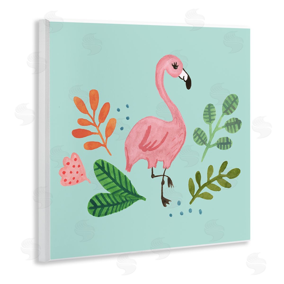 Heather Strianese Pink Flamingo Botanical Border Illustration Design  Wooden Wall Plaque Art Print