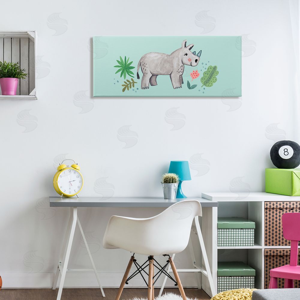 Heather Strianese Rhino Illustration Plants Leaves Turquoise Background Design