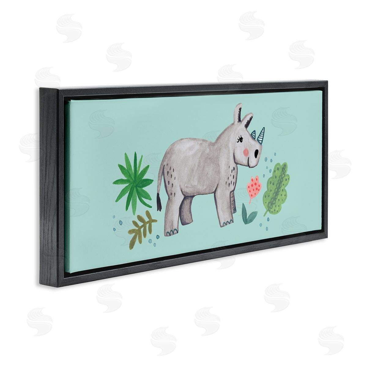 Heather Strianese Rhino Illustration Plants Leaves Turquoise Background Design