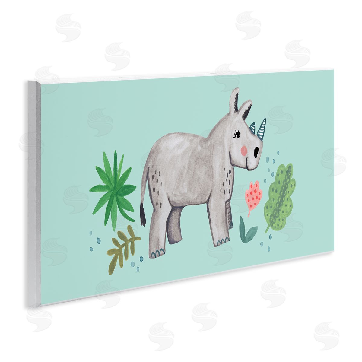 Heather Strianese Rhino Illustration Plants Leaves Turquoise Background Design