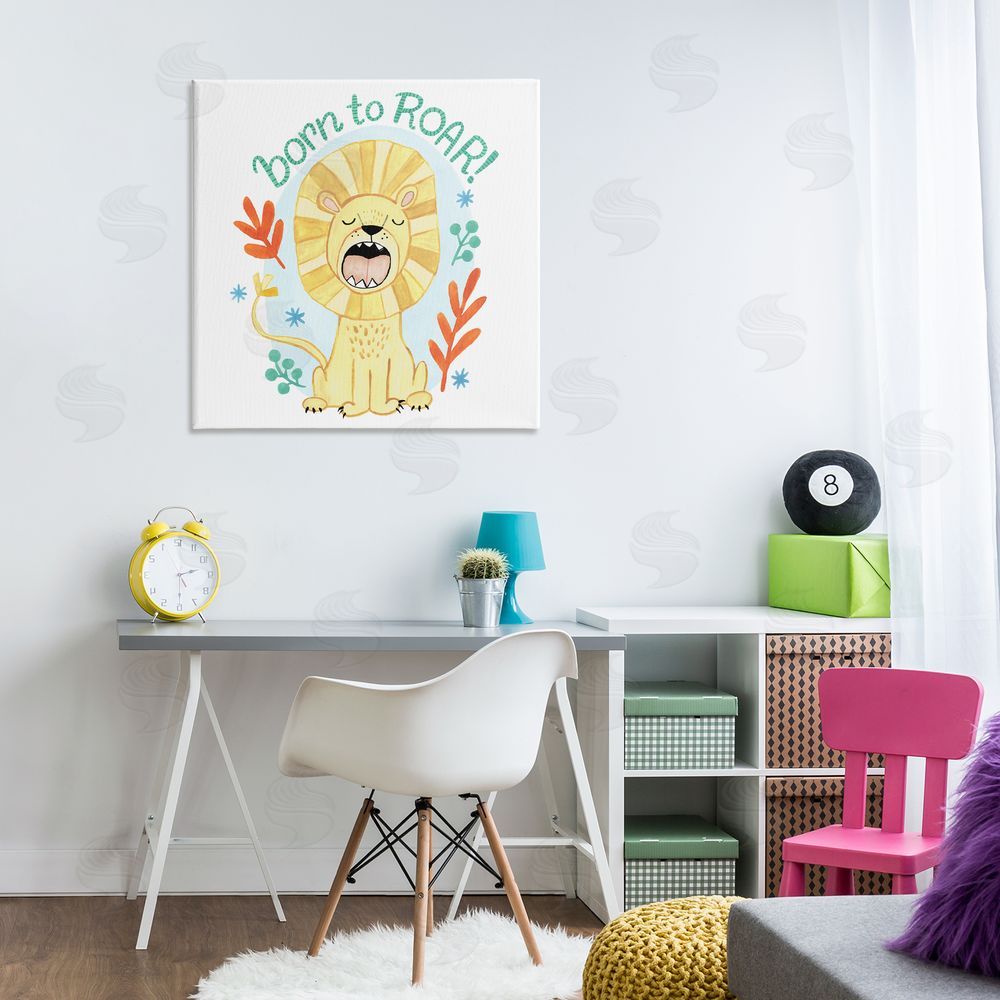 Heather Strianese Born To Roar Saying Yellow Lion Simple Botanicals Canvas Wall Art in Room